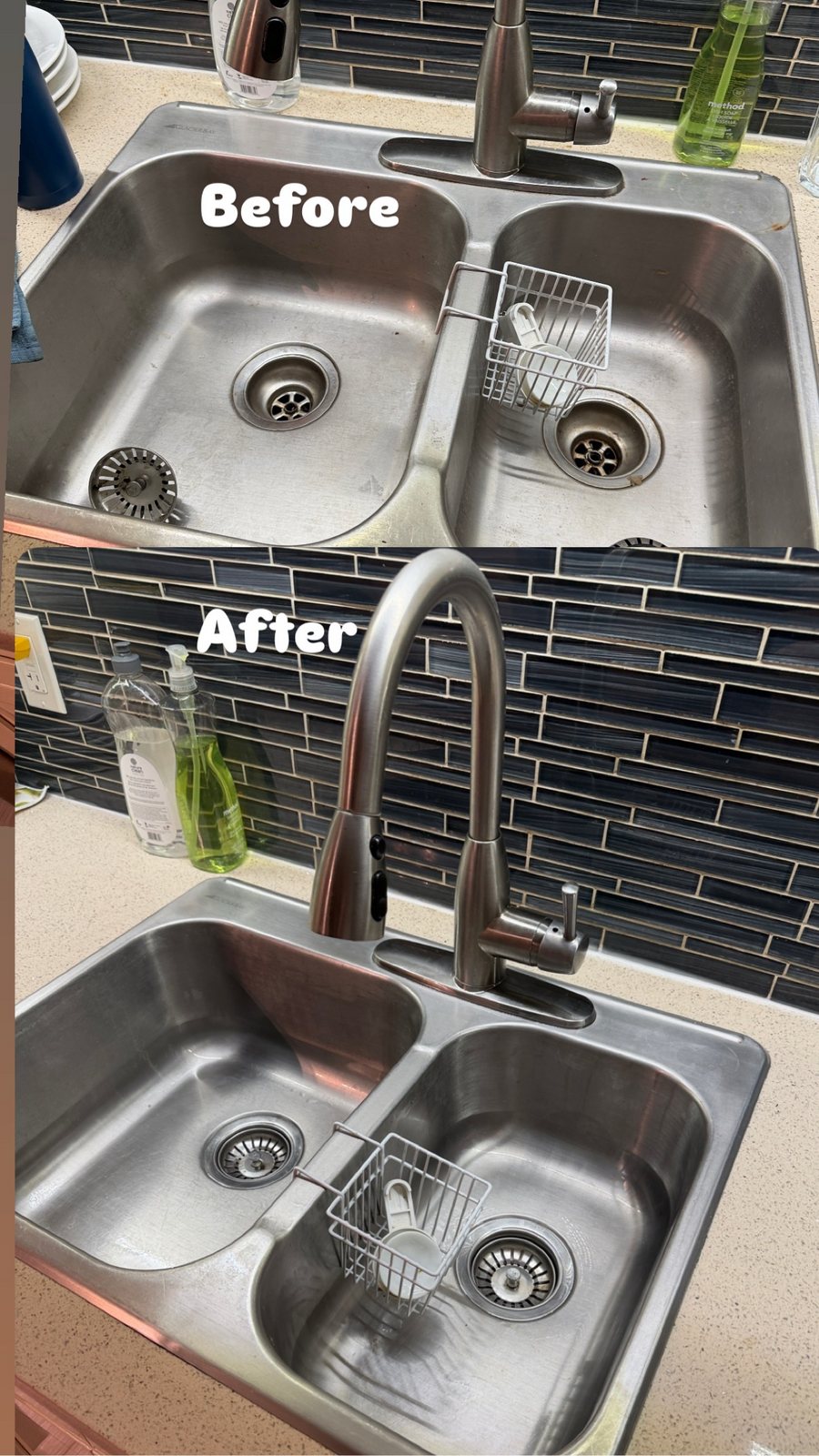 Before and after cleaning of a stainless steel double kitchen sink