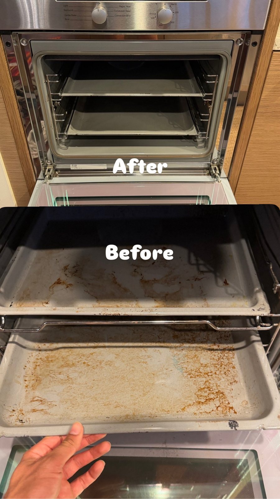 Before and after deep cleaning of an oven and its trays