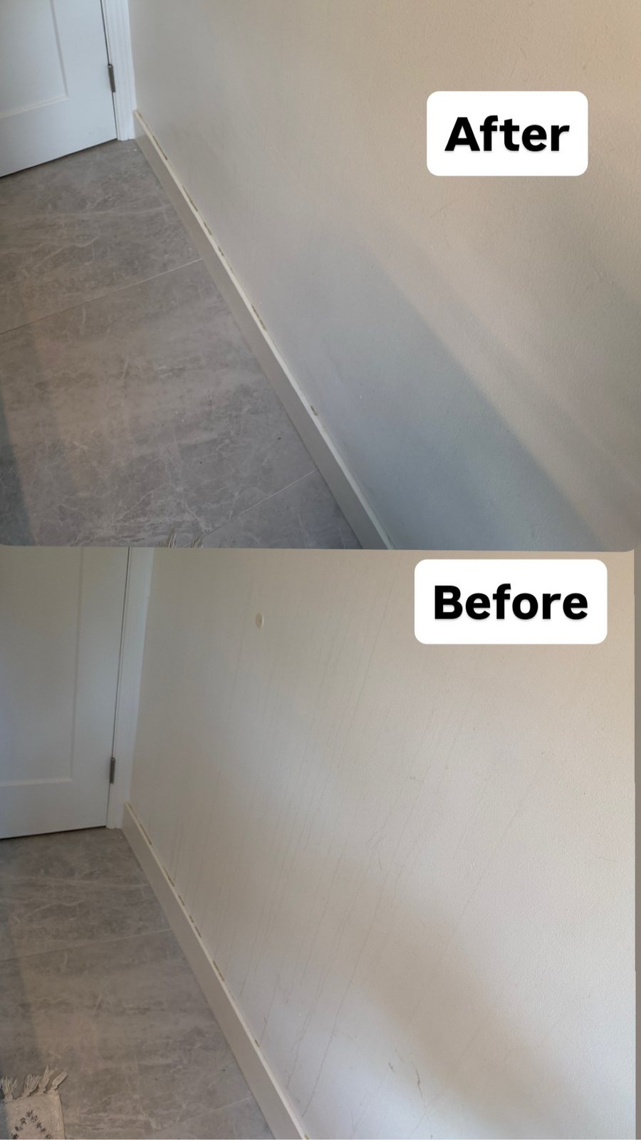Before and after cleaning marks from a wall and baseboard