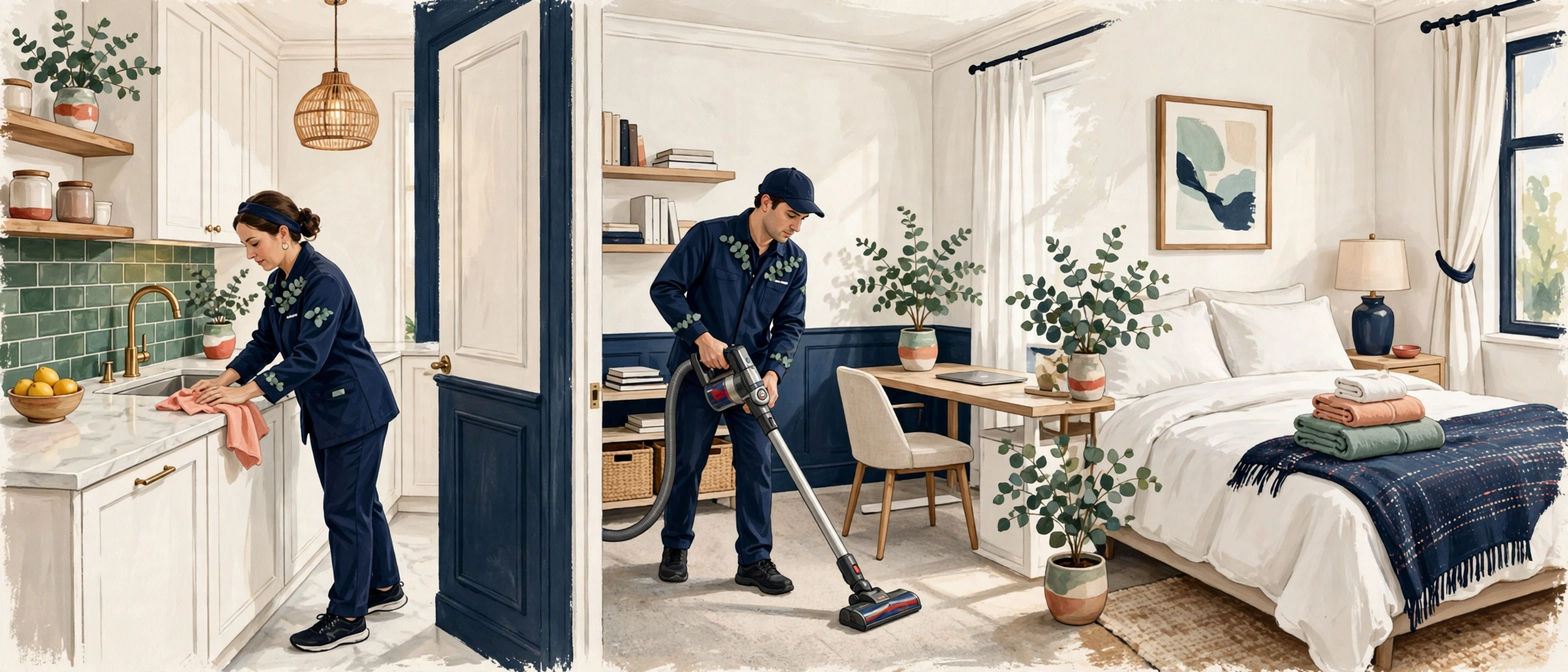 Illustration of cleaners working in a bright kitchen and office beside a prepared guest bedroom